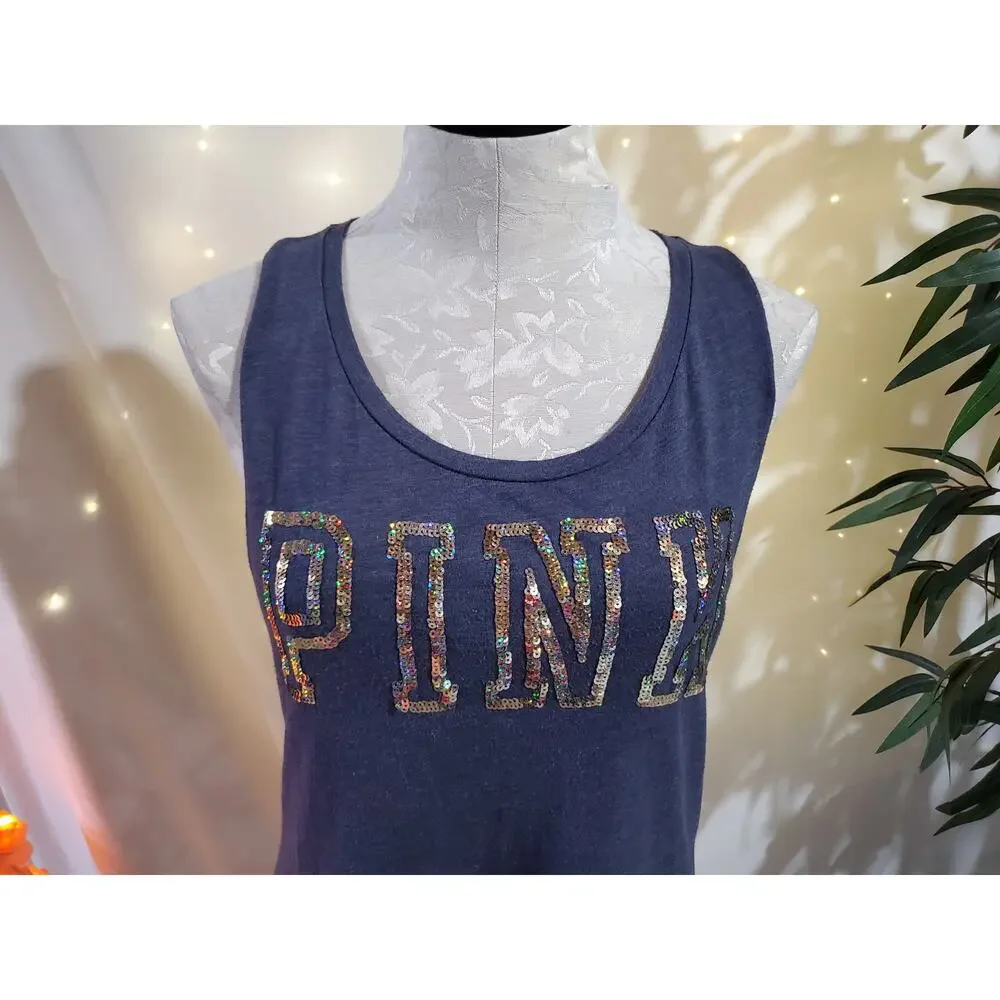 PINK Victoria's Secret Bling Spellout Muscle Tank Top Womens Size S Blue Y2K - Picture 6 of 10